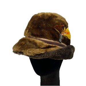 Faux Fur Vintage Fedora Alpine Hat Cap Ear Flaps Feather Brown Retro Made in USA